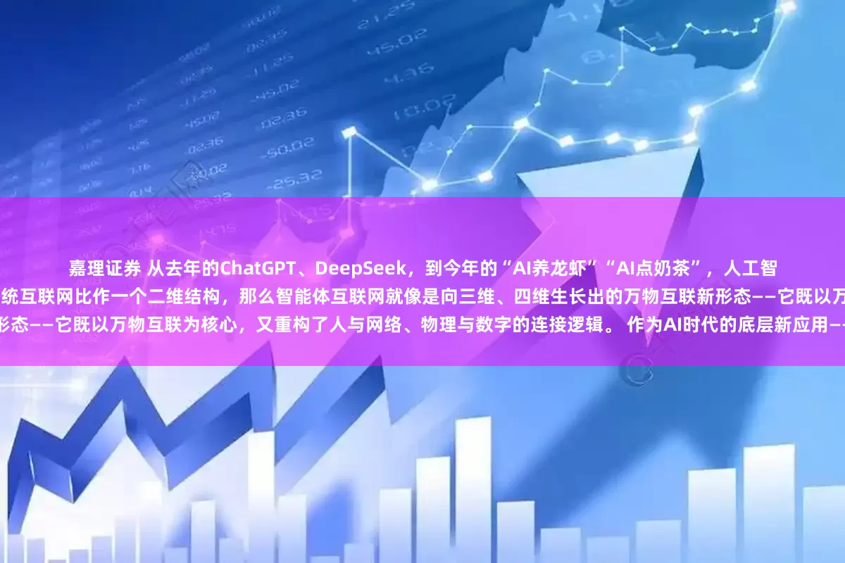 嘉理证券 从去年的ChatGPT、DeepSeek，到今年的“AI养龙虾”“AI点奶茶”，人工智能正以前所未有的速度走进生活的方方面面。 如果把传统互联网比作一个二维结构，那么智能体互联网就像是向三维、四维生长出的万物互联新形态——它既以万物互联为核心，又重构了人与网络、物理与数字的连接逻辑。 作为AI时代的底层新应用——智能体互联网：雏形已现，新题待解